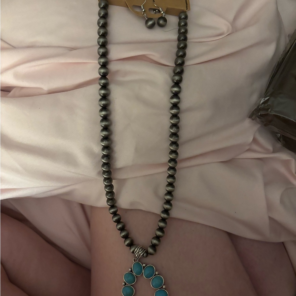 Silver Beaded Necklace with Turquoise Pendant monatana west